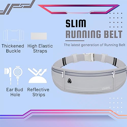 Image of USHAKE Slim Running Belt, Workout Fanny Pack for Men Women,Exercise Waist Pack for Apple iPhone Holder, Runner Belt for Running Walking Cycling Camping Gym Light Grey