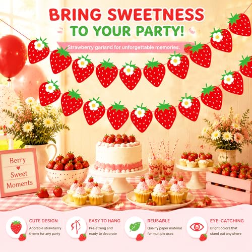 Image of Strawberry Garland Banner Strawberry Party Decorations | Strawberry Birthday Banner, Fruit Theme Baby Shower Wedding Party Supplies, Tropical Photo Props, Home Classroom Decor