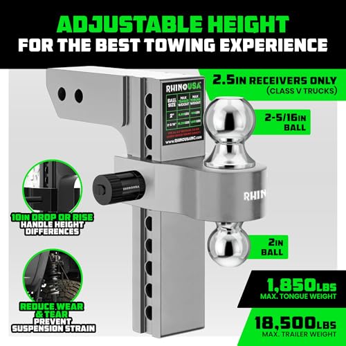Image of Rhino USA Adjustable Trailer Hitch (Fits 2.5-Inch Receiver) Heavy Duty Aluminum Tow Hitches with 10-Inch Drop /Rise for Truck (18,500 LBS GTW) Weatherproof Double Anti-Theft Locking Hitch Pins (Silver)