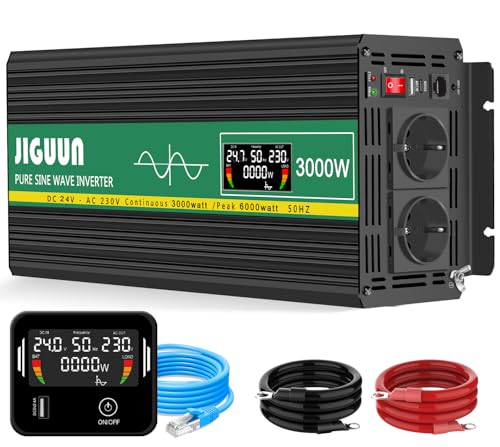 JIGUUN 3000W inverter 24v 220v onda pura Trasformatore con 2 prese EU e una porta USB 2.4A Telecomando con cavo e display LCD Potenza di picco 6000W per camion camper emergenza