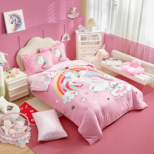 Unicorn Duvet Cover Set Queen 3 Piece (1 Pink Girls Duvet Cover + 2 Pillow Shams) with Cute Magical Unicorns Rainbow - 800 TC Comforter Cover with Zipper Closure, 4 Corner Ties for Little Princess