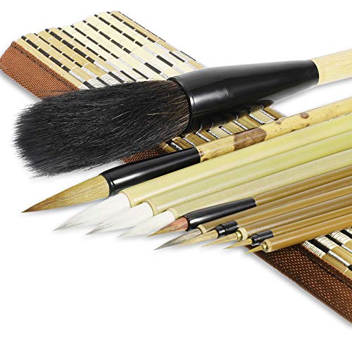 Chinese Calligraphy Brush Writing Brush Set Japanese Sumi Painting Drawing Brushes Kanji Art Brush for Chinese Painting Ink Brush 11 Pieces with Roll-up Bamboo Brush Holder for Beginner