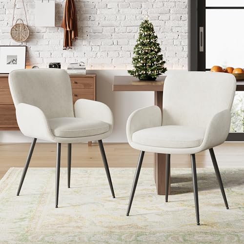 VKNOW Modern Dining Chairs Set of 2, Upholstered Dining Room Chair with Armrest, Kitchen Chairs with Curved Ergonomics Backrest for Living Room, Dining Room, Kitchen, Beige