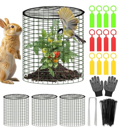 Plant Protector from Animals with Detachable Covers - 4 Pack 16x 16 Wire Cage Cloches with Ground Stakes and Tools for Protecting Vegetable Flower Seedling