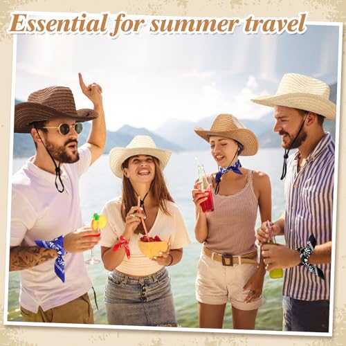 Image of Coume 36 Set Straw Cowboy Hats with Bandana Include 36 Cowboy Party Hats 36 Western Scarf in 4 Color for Cosplay Accessories
