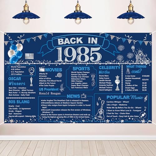 DARUNAXY 41st Birthday Party Decorations for Men Blue Back in 1985 Banner 41 Year Old Birthday Party Poster Supplies Vintage 1985 Backdrop Photography Background for Women 41st Class Reunion Decor