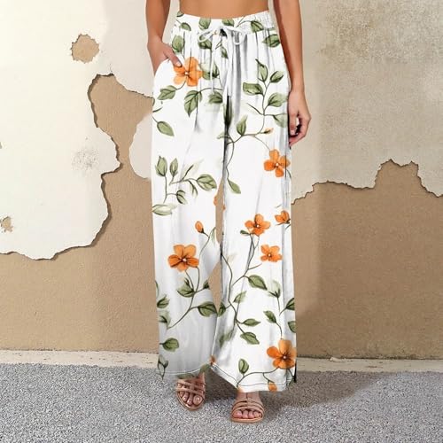Summer Pants for Women Loose Floral Elastic High Waist Drawstring Wide Leg Pants Lounge Beach Palazzo Trousers with Pockets2