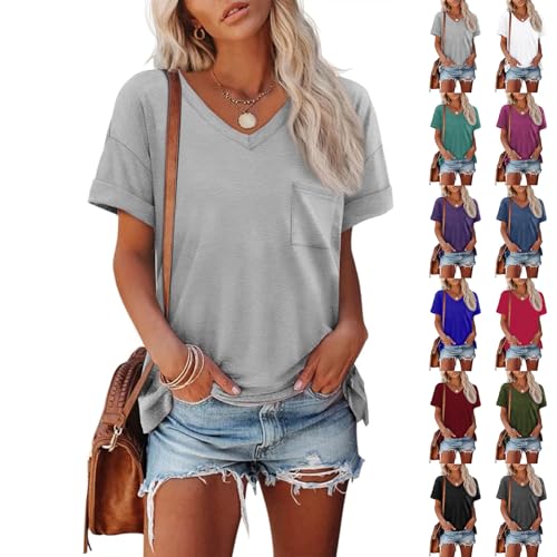 T Shirts for Women Plain V Neck Cotton Oversized Tshirts Casual Loose Short Sleeve Shirts Basic Tees Cute Summer Tops