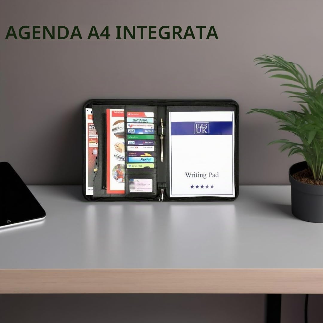H&S Cartella Portadocumenti A4 con Cerniera - Cartellina Porta Documenti in Ecopelle con Custodia - Portablocco Appunti con 11 Scomparti per Carte e Biglietti da Visita
