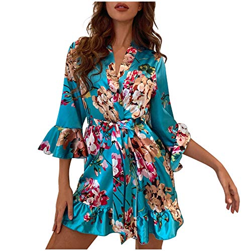 CapsA Women's Lace-Trim Kimono Style Short Satin Robe Sleepwear Nightdress Lingerie Robes Underwear Pajamas
