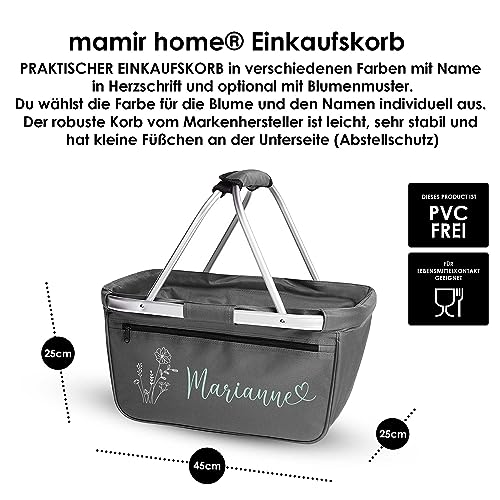 Einkaufskorb personalisiert I Blume Name Herzschrift I faltbar Geschenk Geburtstag Weihnachten Frauen Mutter Oma (anthrazit)