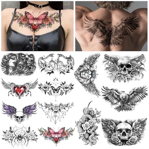 Yazhiji 13 Sheet Large Chest Underboob Temporary Tattoos for Adult, 8 Sheets Sexy Rose Flower Belly...