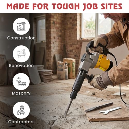 Image of Jon Bhandari Tools 2400W Demolition Hammer, 3000 BPM Heavy Duty Electric Breaker Machine with SDS Max Chuck, Flat & Point Chisel for Concrete Breaking, Wall Demolition, Chipping & Construction Work