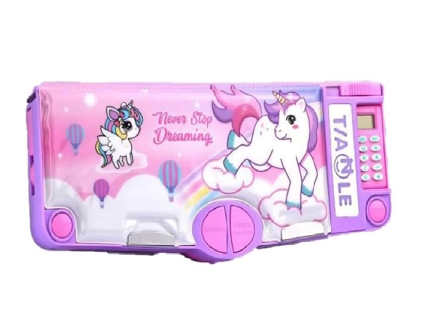 Image of Umadiya Plastic Unicorn Magnetic Multifunctional, Cute Cartoon Compass for Girls, Buttons Operated Geometry Pencil Box Kids Include Calculator-Scissor-Ruler-Eraser-Sharpener, Black