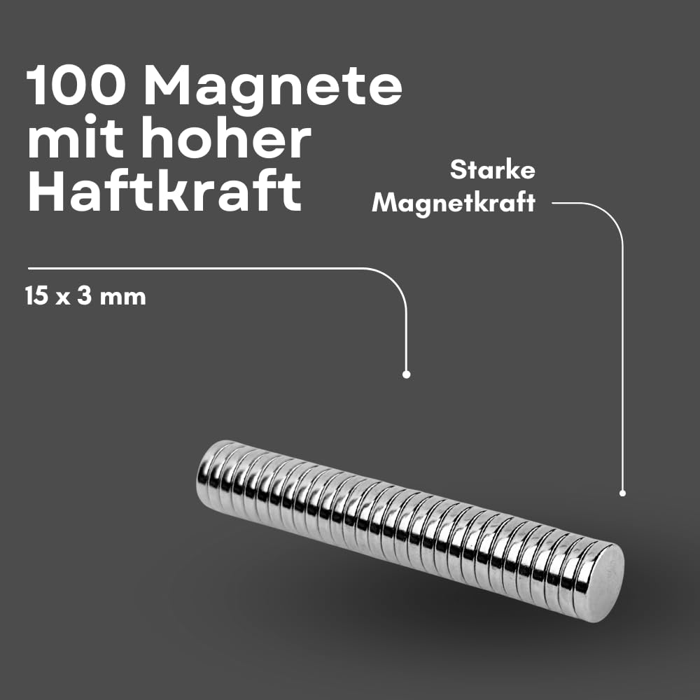 Strong Magnets Neodym Magnet - Rund 15 x 3 mm - 100 Stück - Extra stark, hält bis 2,9kg - Für Magnettafel, Kühlschrank, Whiteboard, Pinnwand, Büro