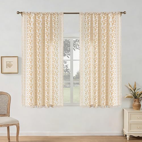 Image of Yellow Boho Curtains 63 Inch Long for Living Room, Bedroom, 2 Panels Floral Farmhouse Vintage Tassel Semi Sheer Light Filtering Privacy Window Curtains Drapes with Rod Pocket