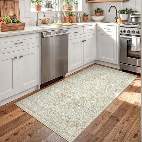 KUTA Vintage Floral Rug 3x5, Area Rugs for Living Room Beige Yellow Washable Kitchen Carpet Non-Slip, Ultra Soft Printed Distressed Vintage Entry Low-Pile Throw for Living Room Dorm Décor