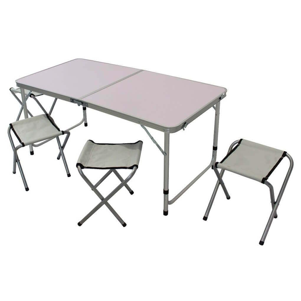 milani home - set tavolo campeggio, alluminio e oxford, con 4 sgabelli, 4 posti, bianco, piano 120 x 60 cm