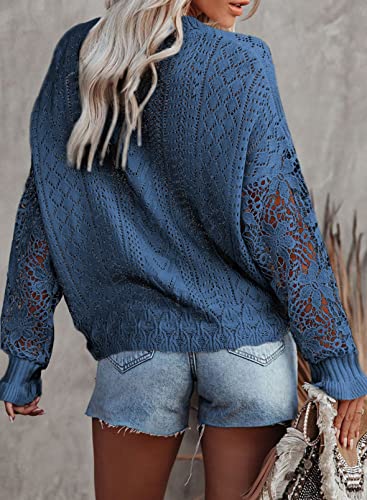 Image of Dokotoo Womens Crewneck Crochet Lace Long Sleeve Hollow Out Cable Knit Sweaters Pullover Tops