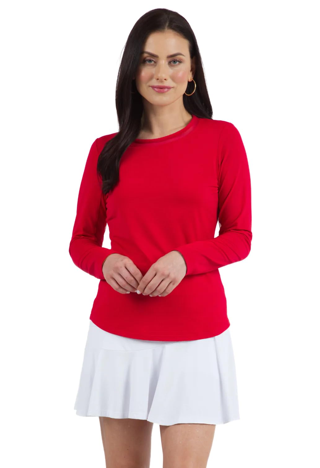IBKUL Athleisure Wear Sun Protective UPF 50 Icefil Cooling Tech Long Sleeve Crew Neck Top with Under Arm Mesh – 83000 Red Solid XS