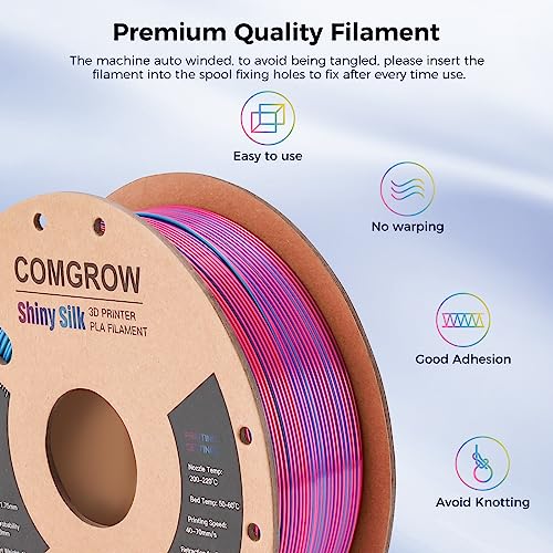 Image of Comgrow Tri-Colors Silk PLA 3D Printer Filament, Rainbow PLA Filament 1.75mm, Dimensional Accuracy + /- 0.02 mm, 1KG Spool, Coextrusion 3D Filament with Shiny Silk Red-Blue-Yellow