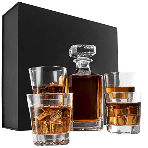Amazing Items 5 pc Whiskey Decanter Set - Square Liquor 26 oz, 750ml Crystal Decanter w/ 4pcs Whiskey Glass Set, Scotch Gift for Men, Jarra de Whisky