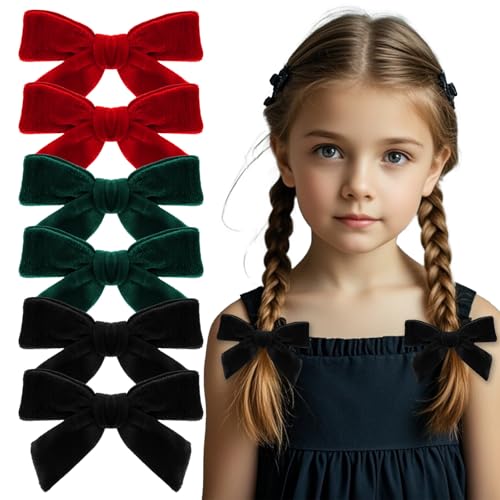 JTYKUYR 6 lazos de terciopelo para niñas de Navidad, hechos a mano, para niños pequeños (rojo, verde, negro)