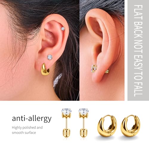 5 Pairs Flat Back Stud Earrings& 3 Pairs Hoop Earrings Set, Hypoallergenic Cubic Zirconia F136 Stainless Steel Jewelry For Women Man CZ Size 3-7mm3