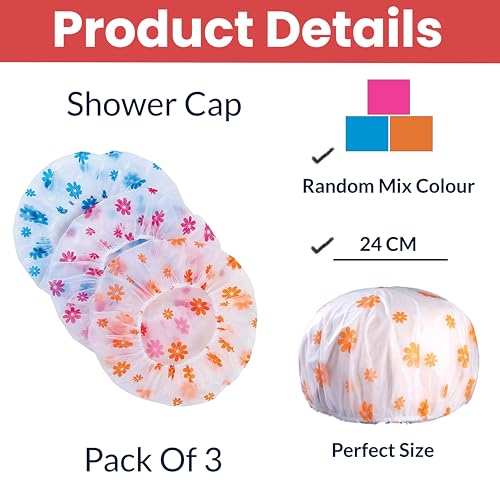 Image of TEMPERIA (3 Pcs) Shower Cap for Women & Men - Reusable, Hair Mask Head Cover Bathing Caps - Waterproof, Elastic Free-Size - for Spa, Salon & Bathroom - Lightweight & Comfortable (Random Colors)