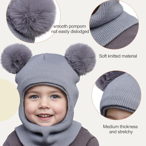 Toddler Baby Winter Hat Scarf Gloves Set Double Pompom Infant Boys Girls Beanie Hat with Warm Knitted Gloves 1-5 Years2
