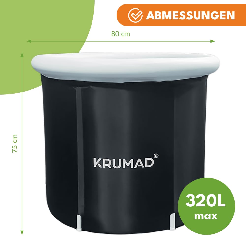 KRUMAD Beczka do morsowania 320 L – Składana wanna do zimnych kąpieli – Odporna na mróz i UV, z pokrywą, zaworem i wspornikami – Przenośna wanna lodowa do regeneracji, terapii i relaksu
