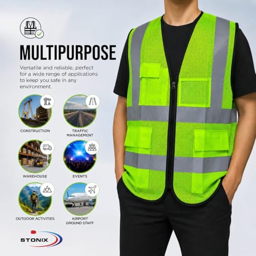 Image of STONIX High Visibility Safety Jacket for Men - Reflective Work Vest with Pockets, Breathable & Durable for Construction, Industrial & Outdoor Work, (Green, Pack of 1,2,5)