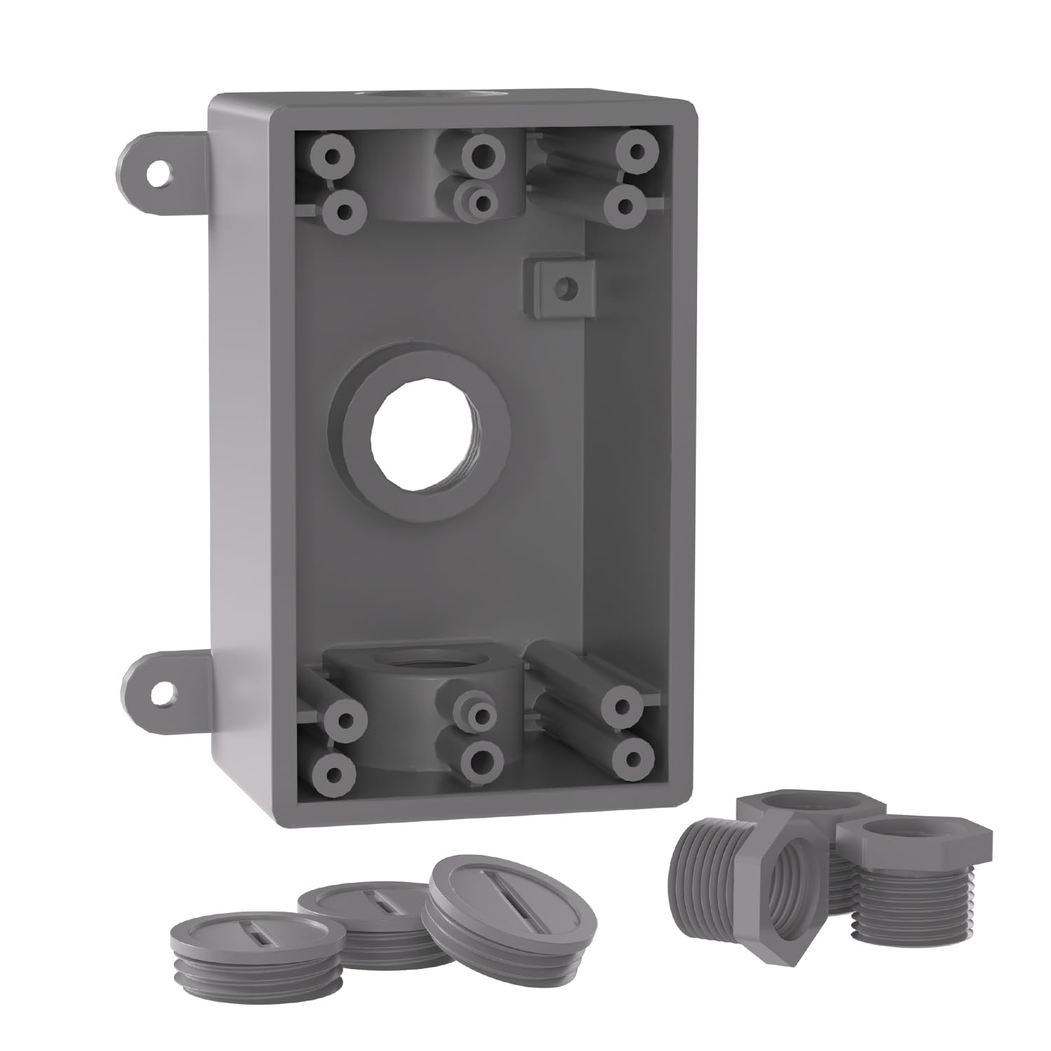 1 Gang 3-1/2 in. or 3/4 in. Electrical Outlet Box, Include 3-1/2 in. Reducer Bushings & 3-3/4 in. Closure Plugs, Weatherproof Outlet Box Gray, UL