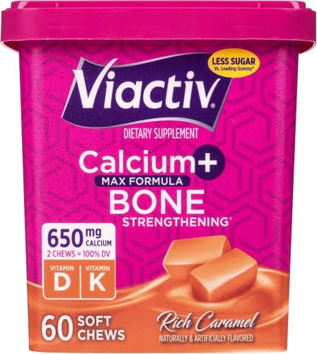 Image of Viactiv Calcium + Vitamin D Supplement Soft Chews for Women & Men - Chewable Calcium for Bone Health Support, 650 mg per Serving, Vitamin D & K for High Absorption - 60 Count, Caramel