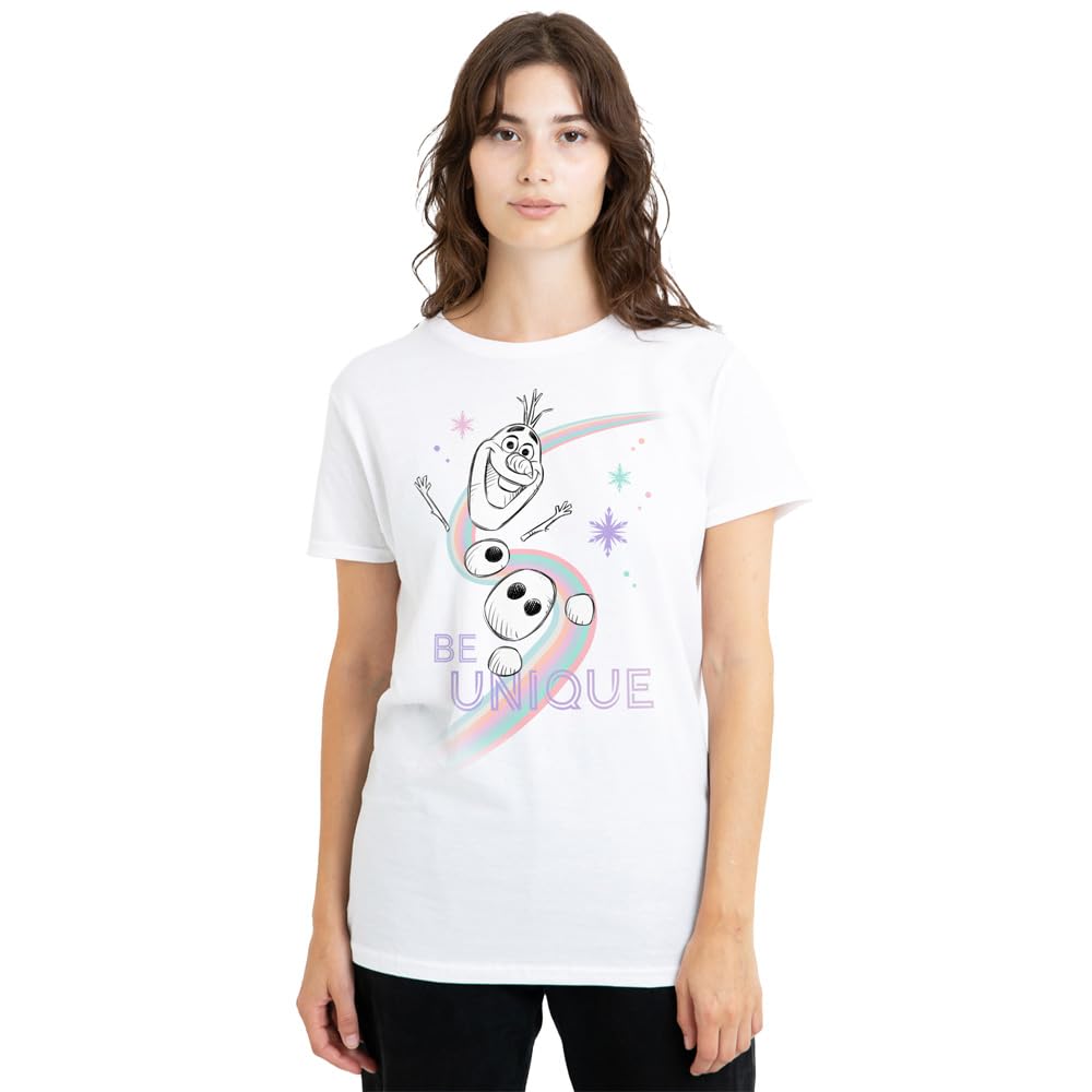 Disney Frozen Women's White Frozen Be Unique Rainbow With Olaf T Shirt, Medium