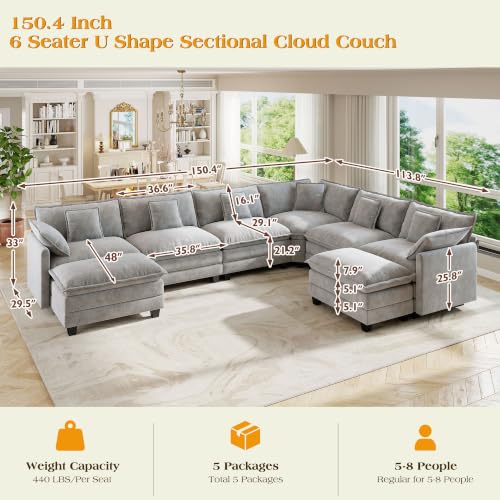Image of Hanherry Modular Sectional Sofa,Cloud Couch for Living Room,Modern Deep Seat Sofa Chenille Fabric Comfy Couches with Throw Pillows & Movable Ottoman for Apartment