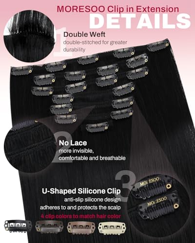 Image of Moresoo Clip in Hair Extensions Real Human Hair Jet Black 120g 16 inch | Jet black remy clip ins for daily work, double weft straight hair adds natural full head volume for women, 7pcs