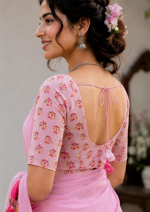 Image of Lilan Cotton Saree with White Daisy Floral Prints Tassel Pallu Lightweight Summer Saree