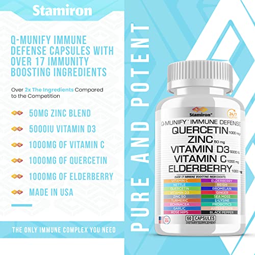 Stamiron Quercetin 1000Mg Zinc 50Mg Vitamin C 1000Mg Supplement Immune Support Defense W Vit D3 5000Iu Elderberry Echinacea Artemisinin Turmeric Ginger Quercitin Bromelain Garlic Nettle -Usa Made 60Ct #TOP7