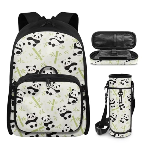 Wdktrgetd 17 Inch Panda Backpack with Lunch Box Water Bottle Carrier and Large Pencil Case 4PCS Set Cute Lightweight School Bag for Girls Large Capacity Bookbag with Compartments&Pockets for School