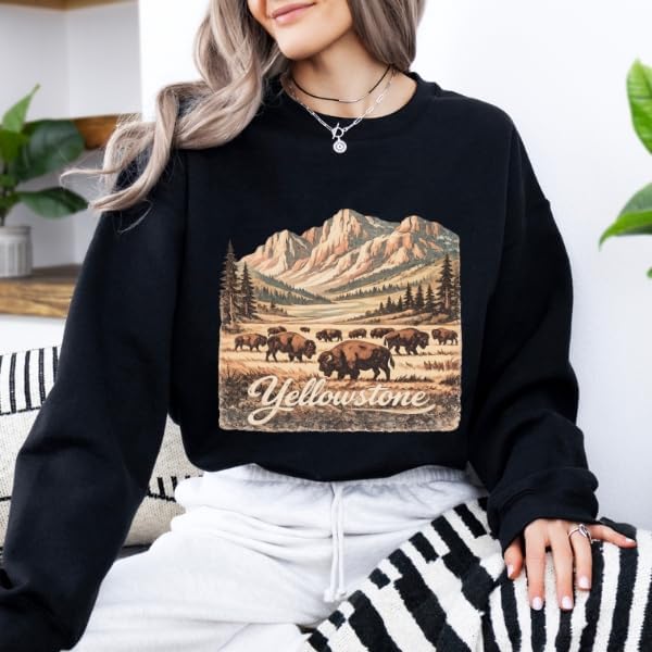 FITIN Unisex Yellowstone National Park Sweatshirt – Vintage Bison & Mountain Wildlife Graphic Crewneck Pullover