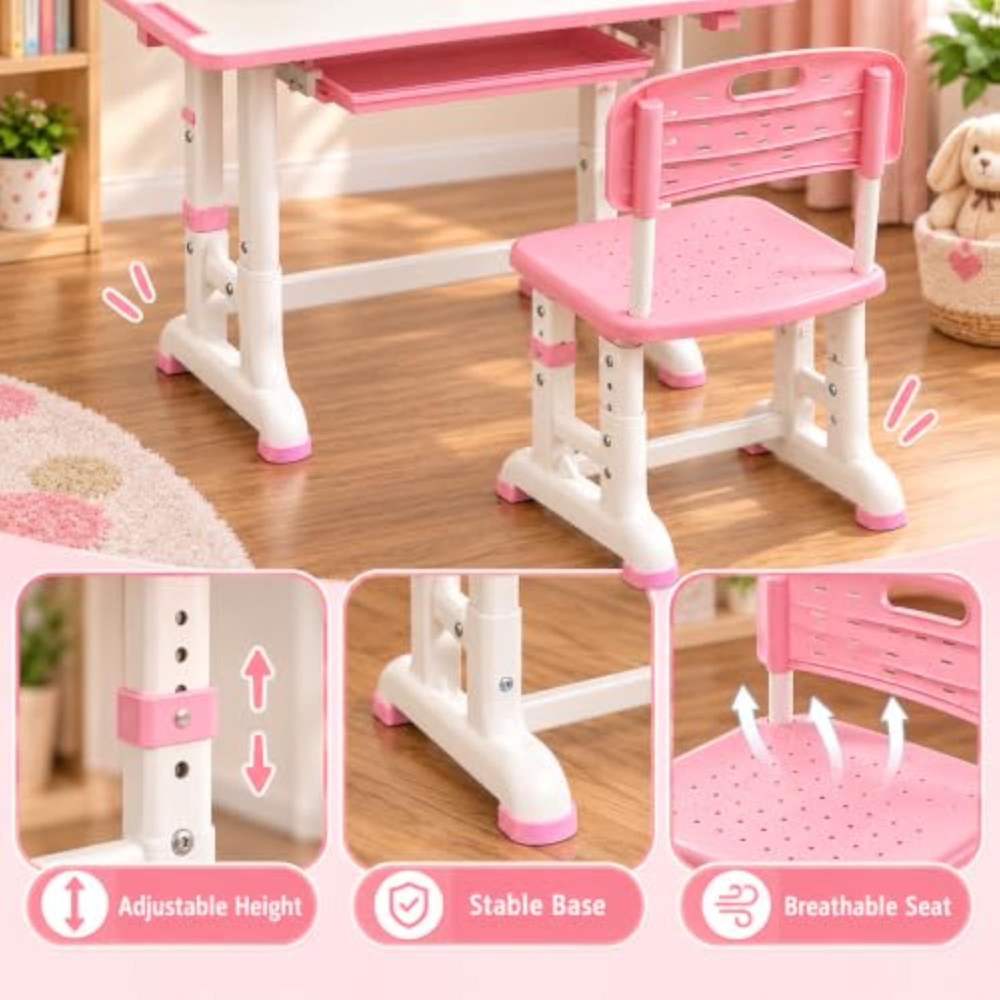 Kids Study Table and Chair Set, Height Adjustable