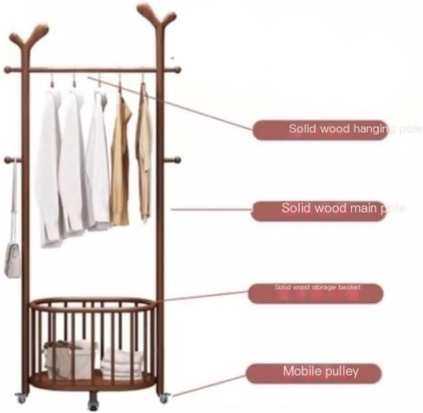 Freestanding floor coat hanger White Wax Wood Coat Rack Stand with Laundry Basket, Bedroom Clothes Organizer, Portable Standing Hat and Coat Hanger Tall floor cloak rack