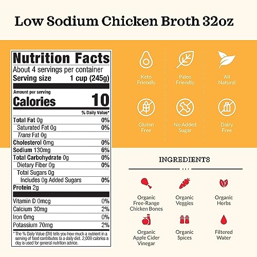 Low Sodium Chicken Broth - Pack Of 4 - Organic Cooking Stock, Real Bones Not Powder, Protein, Keto, Paleo, Gf, Whole 30 Diet Friendly, Natural Soup Base, 32 Oz Liquid Cases #TOP3