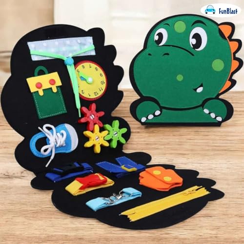 Image of FunBlast Busy Book for Toddlers Binder Board - Montessori Busy Board for Kids, Cartoon Design Learning Activity Toy for Toddlers, Educational & Early Learning Toys for Kids, Toddler (Dino)
