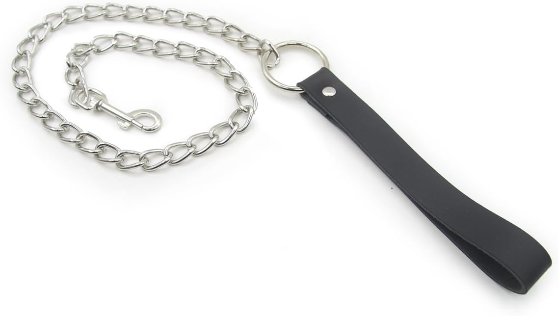 2.5 Feet Real Leather Handle Chain Leash for Neck Collar Choker (Black)
