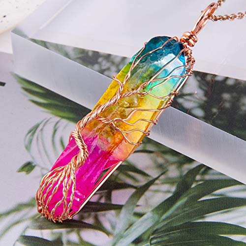 Bivei Tree of Life 7 Chakra Gemstone Copper Wire Wrap Irregular Clear Quartz Point Crystal Pendant Necklace(Rose Gold Plated Titanium Coated Multi Color)