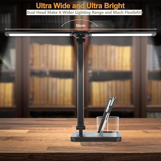 Woputne LED Desk Lamp with Dual Heads – 5 Colour Modes & 10 Brightness Levels, Adjustable Reading Light for Home Office, Bedroom, Study, and Craft (Black, Includes Adapter) - Image 3