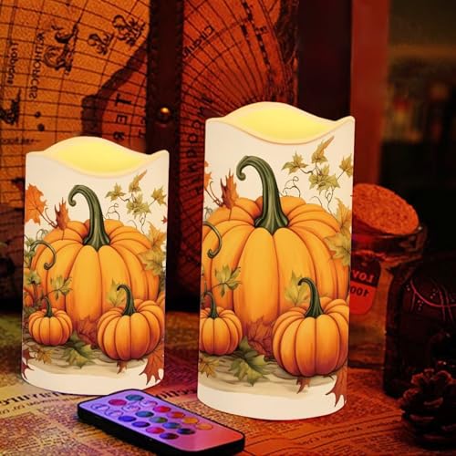 Image of Pumpkin Flickering Flameless Candles Happy 4th of July Pattern LED Pillar Candles Battery Operated with Timer Color Changing Electric Candles Thanksgiving Day Decorations