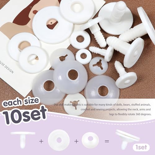 TOAOB 60 Sets of Jointed Joints White Plastic 15mm 20mm 25mm 30mm 35mm 40mm Animal Joints and Washers for Doll Arms Legs Limbs Heads - Image 3